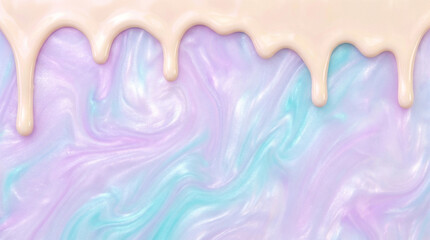 上から垂れる白い液体テクスチャー、紫と水色のマーブル模様の背景