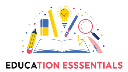 Education essentials concept with book, pencil, ruler, eraser, light bulb, magnifying glass and colorful dots on white background for learning and teaching