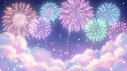 幻想的なキラキラした空、打ちあがるカラフルで可愛い花火の背景