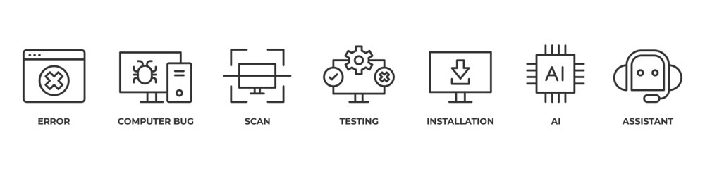 AI-Powered Support Icons set vector illustration outline with Error, Computer bug, Scan, Testing, Installation, Ai, Assistant