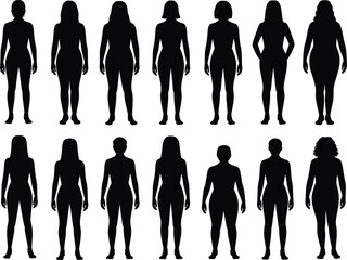 Silhouettes of women of various body shapes and sizes standing woman female