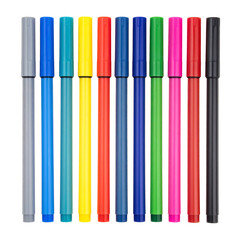 Vibrant felt-tip pens in a spectrum of colors, meticulously arranged in a straight line, standing tall against a pristine white background, perfect for artistic expression