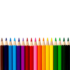A vibrant row of assorted colored pencils arranged in a spectrum of hues against a clean, isolated white backdrop, perfect for creative projects