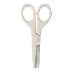 Cream-colored kids safety scissors with rounded tips and serrated blades, designed for safe crafting activities, isolated on a clean white background, perfect for school or home projects