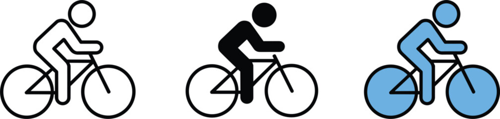 Three icons of a cyclist on a bicycle in different styles on a white background bike cycling