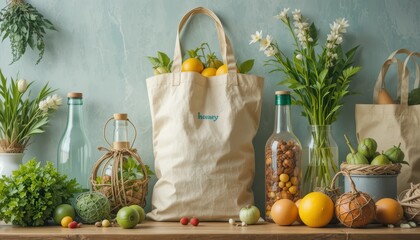 Reusable bags, glass bottles, and fresh vegetables are all part of this eco-friendly living philosophy.