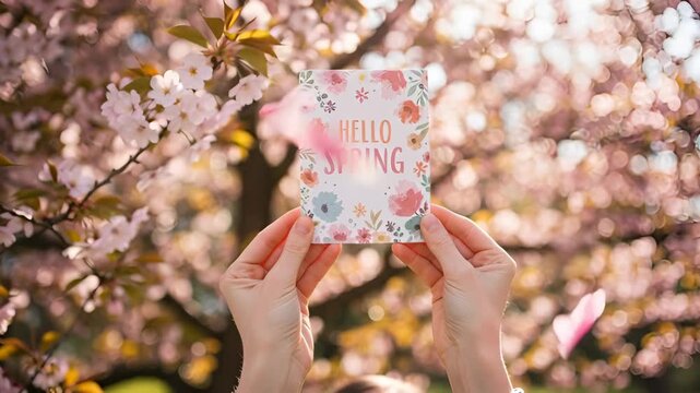 A woman's hands hold a hello spring card in a blooming cherry blossom garden. Seasonal concept with beautiful pink flowers in the warm sunlight. Panoramic web banner format