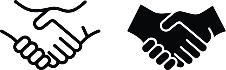 Two stylized handshake icons, one outlined and one solid black agreement deal