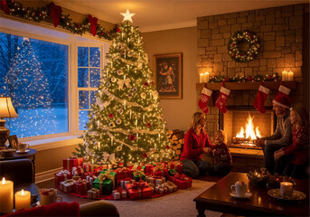 Christmas tree with candles and decorations in cozy room