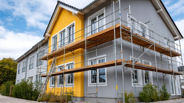 House exterior undergoing renovation painting scaffolding