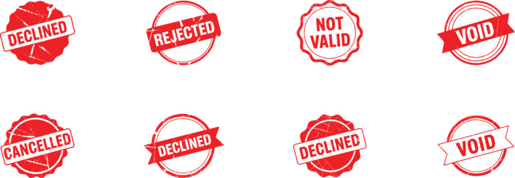 red warning stamps set with declined void and rejected status labels, vector illustration