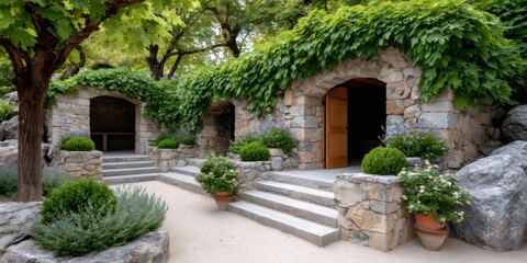Obraz premium Winery stone architecture and lush green garden