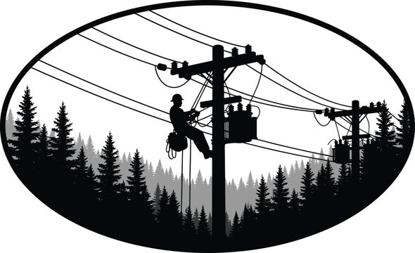 Lineman silhouette working on power pole with transformer and forest background Keywords: lineman, power line worker