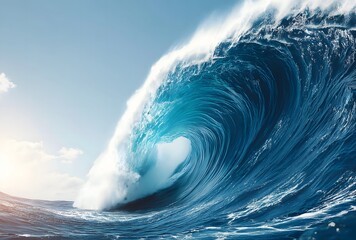 Powerful ocean wave curling with foamy crest