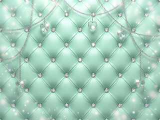 高級感のある緑色のキルティング背景とクリスタルハートの装飾