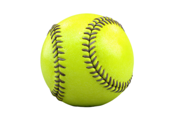Bright yellow softball with dark brown stitching on a black background sport game, Png On White Background, Isolated on Transparent Background, Cut Out