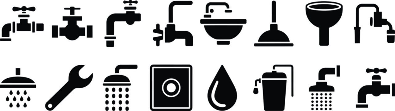 plumbing icons collection for bathroom and kitchen including sinks faucets and showers, vector illustration
