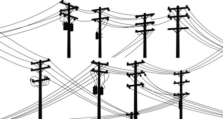 Silhouette of eight electricity poles with wires and transformers on a white background power utility