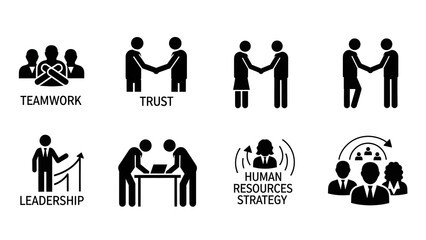 Collection of Icons Representing Teamwork, Trust, Leadership, Human Resources, and Strategy in Business