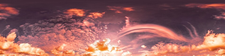 360 panorama of glowing sunset sky with bright Cirrus clouds. Seamless hdr spherical 360 panorama. Sky dome in 3D visualization, sky replacement for aerial drone panoramas. Weather and climate change © panophotograph