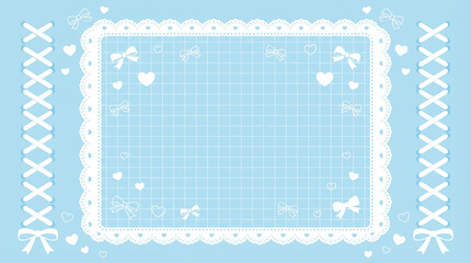 白いレースとリボンの可愛いフレームイラスト、水色の背景
