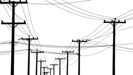 Silhouette of multiple power poles and overhead electrical wires against white Keywords: power pole, electricity, wires, cables