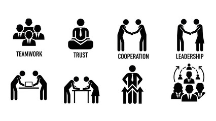 Essential business concepts visualized through a collection of eight dynamic black and white icons, illustrating key principles for organizational success and professional development