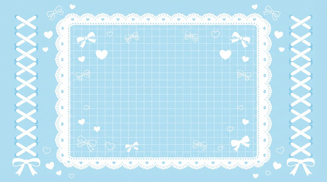 白いレースとリボンの可愛いフレームイラスト、水色の背景