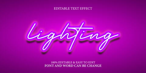 Neon Script 'Lighting' Text Effect, Editable Glowing Font Style on Bright Purple Background