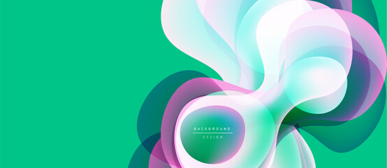 Abstract fluid shapes overlap, creating vibrant color gradients. Teal background complements purple, white, turquoise swirls. Modern design element.