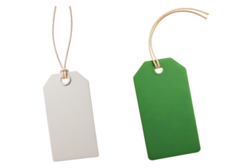 Pair of Blank White and Green Hanging Tags with Strings Isolated on White Background