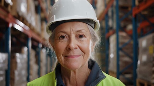 Portrait of a senior caucasian female worker smiling in a warehouse. Experienced logistics supervisor wearing a hard hat and safety vest. Industrial employment and supply chain labor