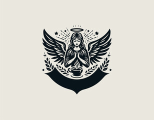 Obraz premium Angelic coffee cup with wings and halo presented as elegant black vector logo illustration