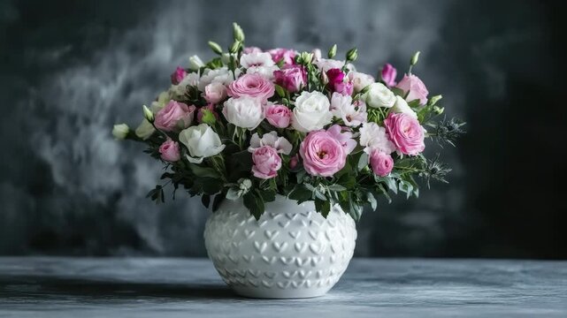 Beautiful flowers in a white vase against a wall.flowers.