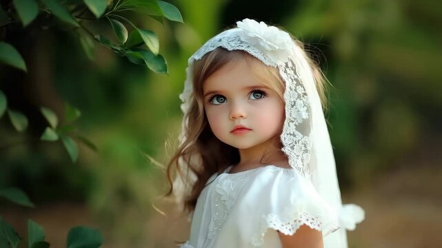 Cute little girl in a white dress in church for communion.