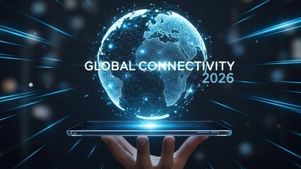 Global connectivity 2026 hand holding phone displaying earth hologram