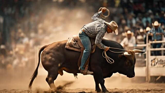 A determined cowboy rides a powerful, bucking bull in a dusty rodeo arena, displaying exceptional balance and raw courage amidst the thrilling action of the competition