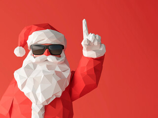 Low-poly Santa Claus wearing sunglasses and making a rock hand gesture on a neutral background, perfect for Christmas cards, holiday marketing, social media posts, posters, prints, and festive web ban