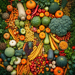 A vibrant overhead flat lay of an abundant and diverse harvest of fresh, colorful vegetables and some fruits.