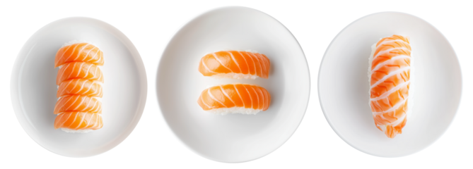 Salmon nigiri sushi arranged neatly on white plate, isolated on white background, concept of Japanese cuisine