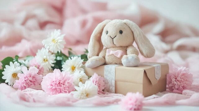 beautiful gift box and flowers and a soft bunny.gift