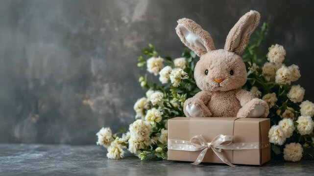 beautiful gift box and flowers and a soft bunny.gift