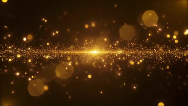 Elegant golden particles flowing with a bright central light and soft bokeh effect.