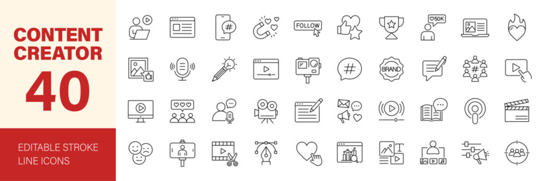 Content creator icon set. Editable line icons. Vector illustration.