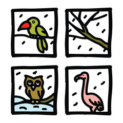 Hand Drawn Winter Bird Window View Vector Illustration Set with Owl Parrot and Flamingo in Snow