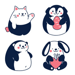 Cute Chubby Animal Sticker Vector Set with Cat Penguin Panda and Rabbit