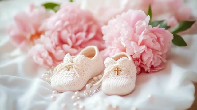 Baby baptism concept, baby girl baptism clothes, dress all in pink tones