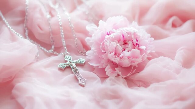 Baby baptism concept, baby girl baptism clothes, dress all in pink tones