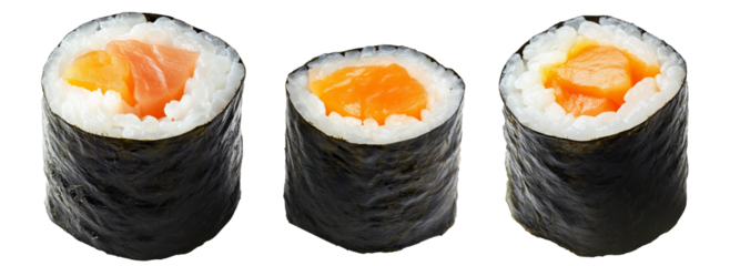 Sushi roll Maki with salmon, avocado, cucumber and rice wrapped in seaweed, isolated on white transparent background