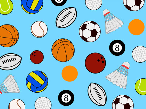Colorful sports ball pattern with cartoon-style icons on blue background. Great for kids, games, and athletic-themed designs
